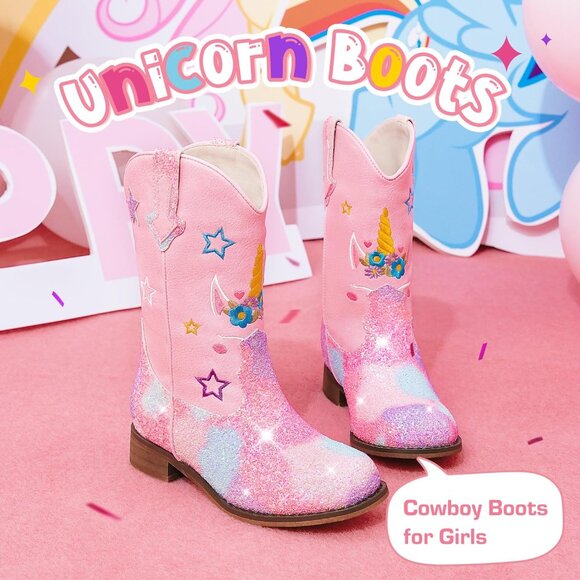 Unicorn Girls Pink Square Toe Glitter Toddler Western Mid Calf Riding Shoes - Picture 4 of 8